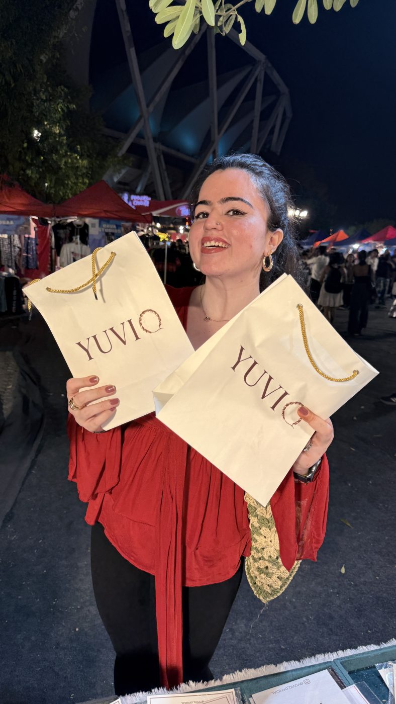 A customer wearing a Yuviq piece