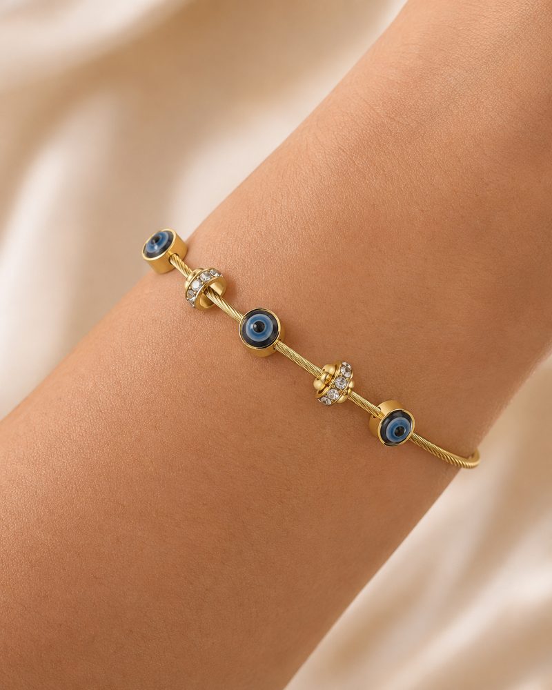 Evil Eye Crystal Charm Gold-Tone Cable Bracelet