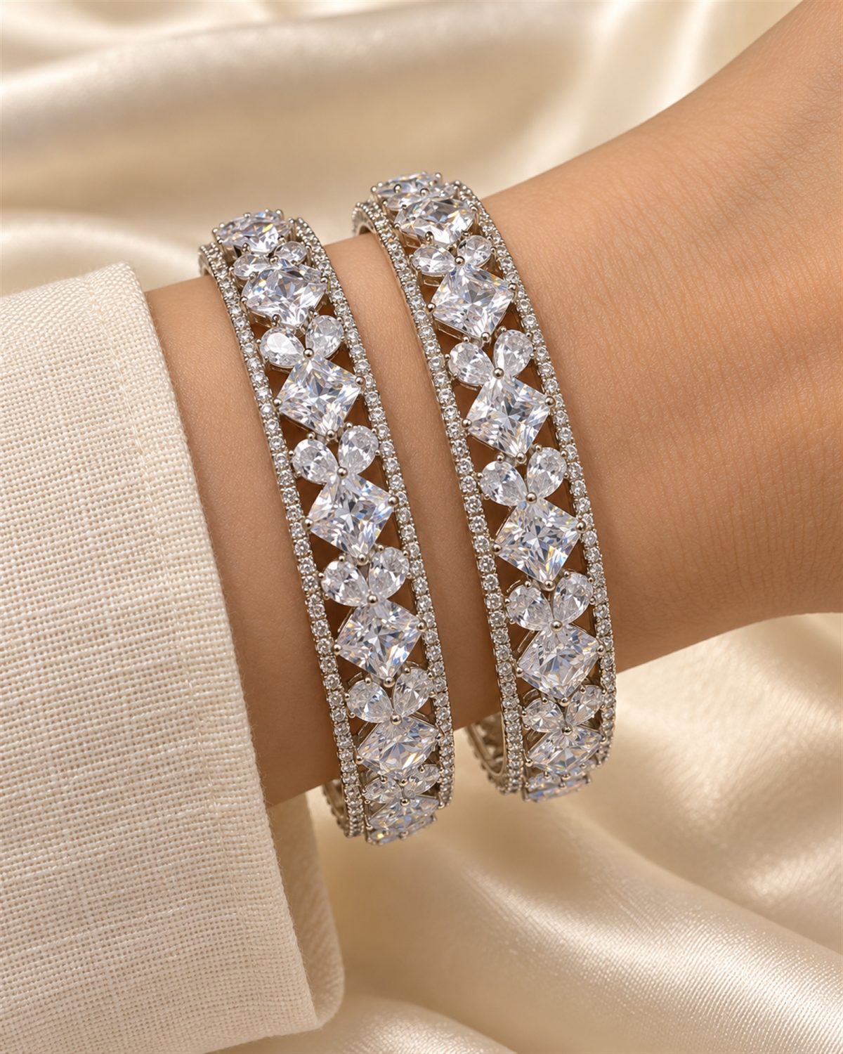 Silver-Tone Floral Crystal Bangle Pair