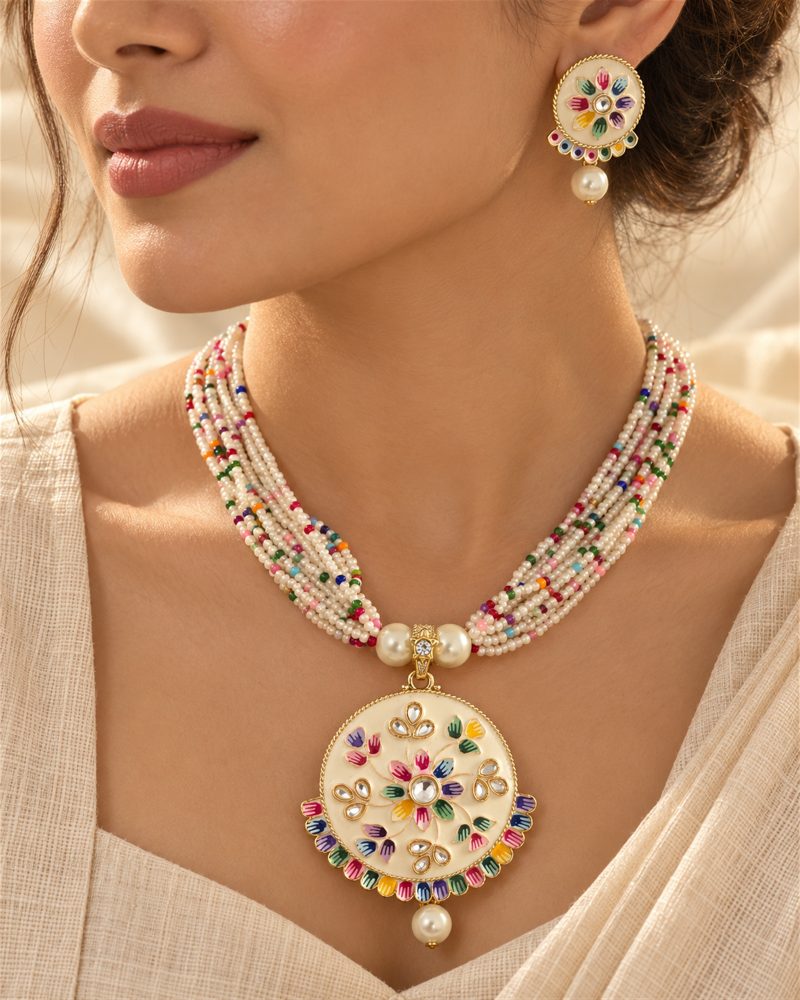 Multicolour Floral Bead Necklace and Earrings Set