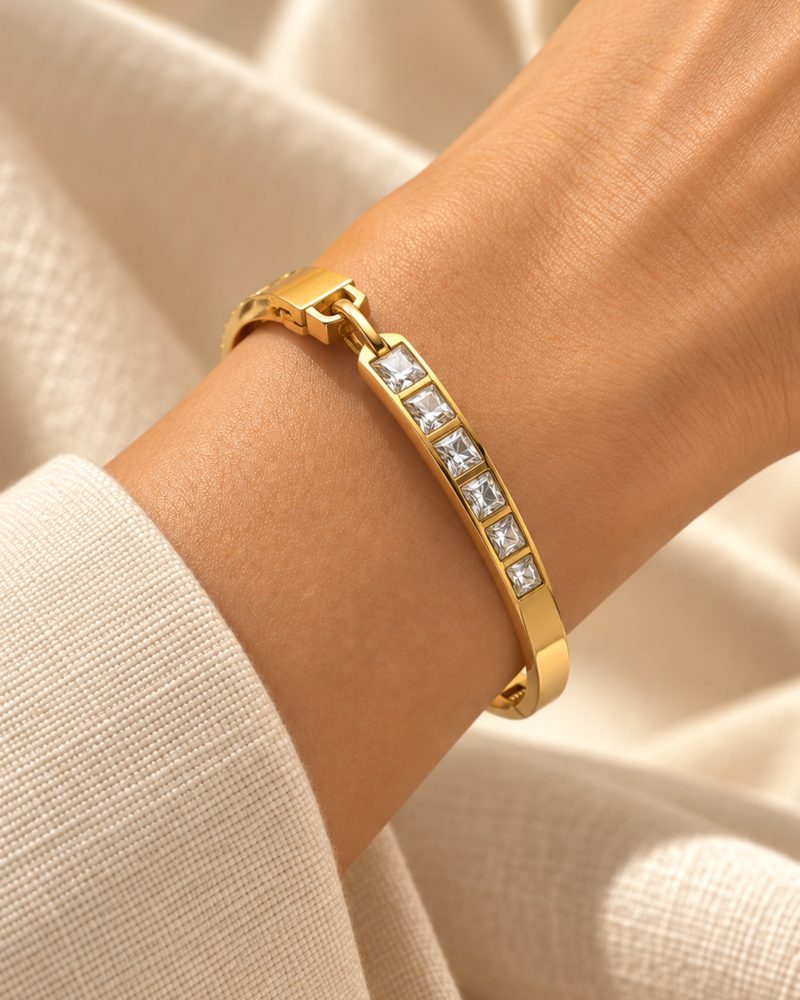 Square Stone Accent Gold-Tone Bangle