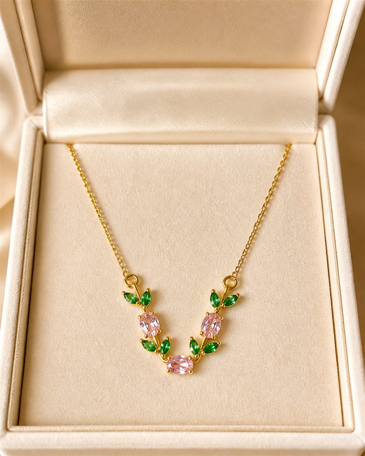 Blush Blossom Emerald Leaf Necklace