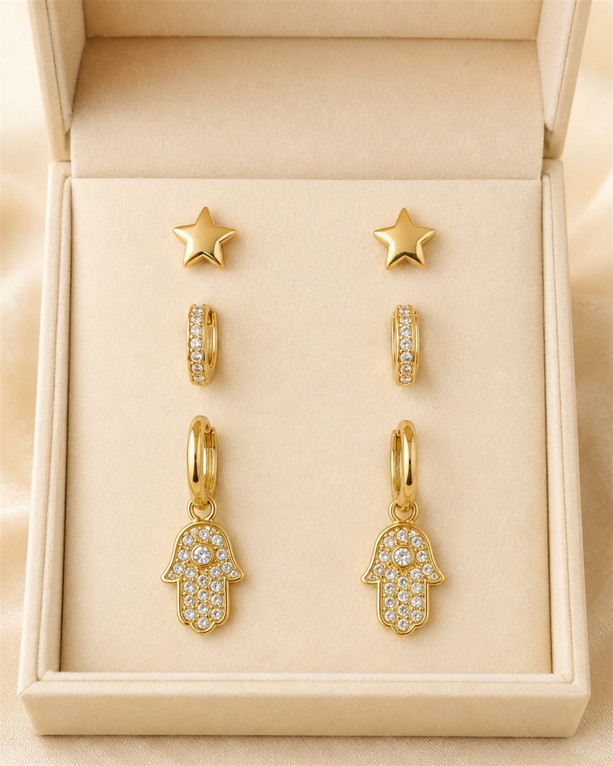 Gold Star, Crystal Huggie & Hamsa Three-Pair Earring Set