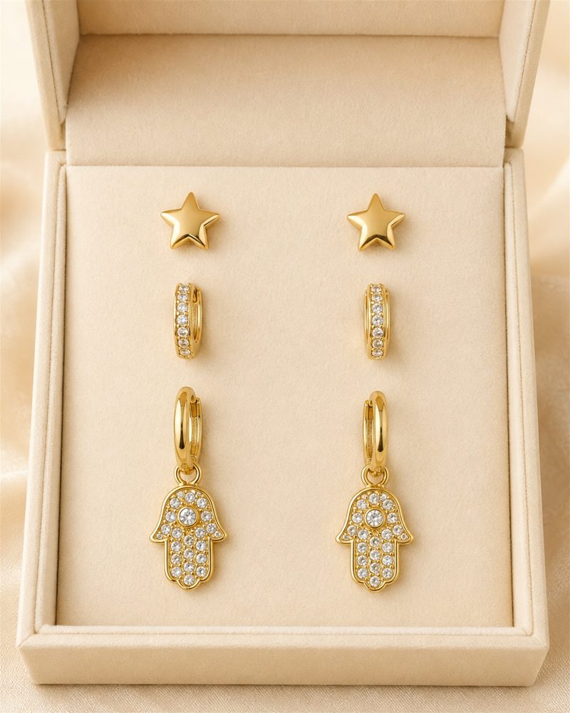 Gold Star, Crystal Huggie & Hamsa Three-Pair Earring Set