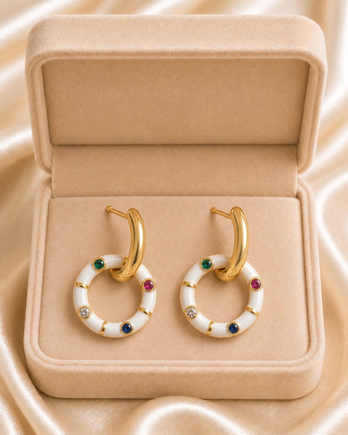Multicolour Gem White Enamel Ring Drop Earrings