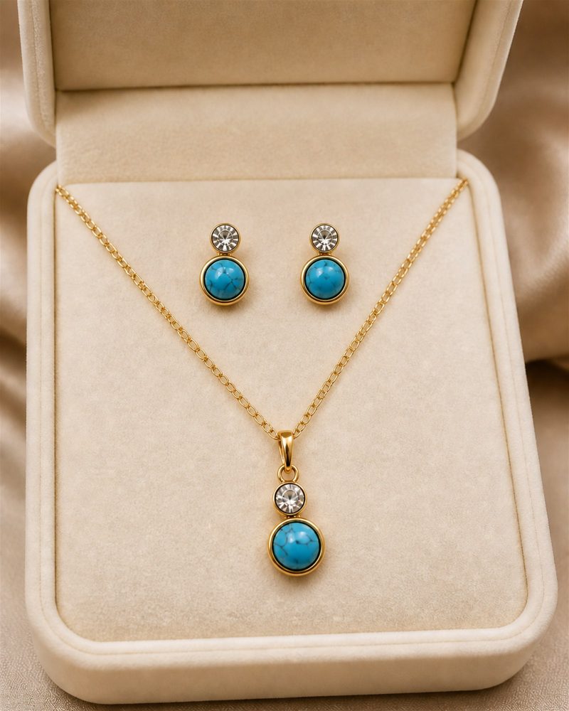 Turquoise Crystal Gold Necklace & Stud Earrings Set