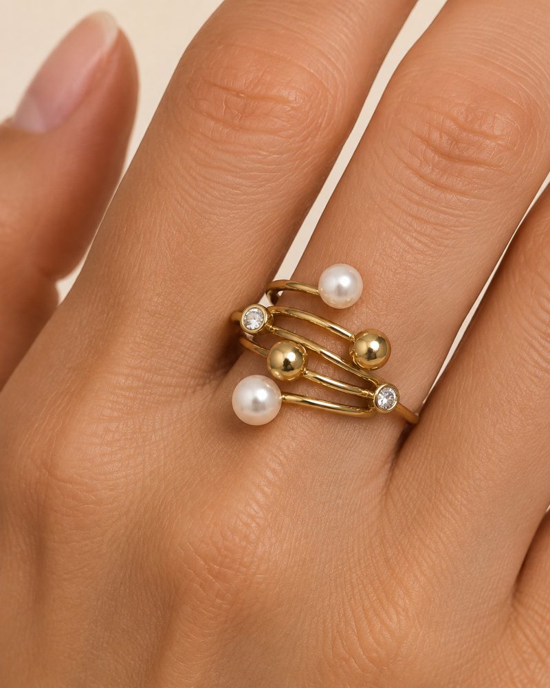 Pearl Orbit Crystal Adjustable Ring