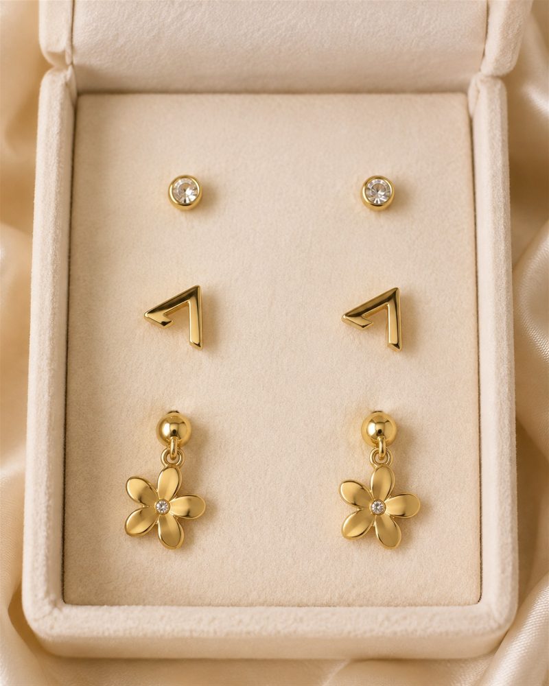 Golden Chevron & Flower Trio Earring Set