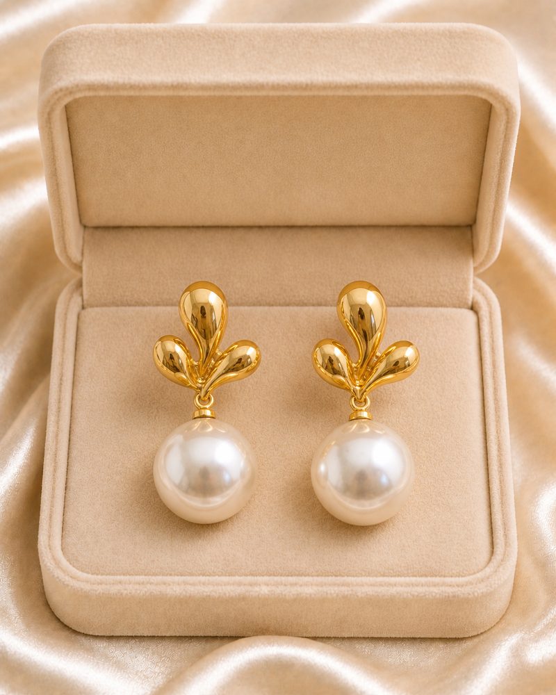 Golden Three-Leaf Pearl Drop Earrings