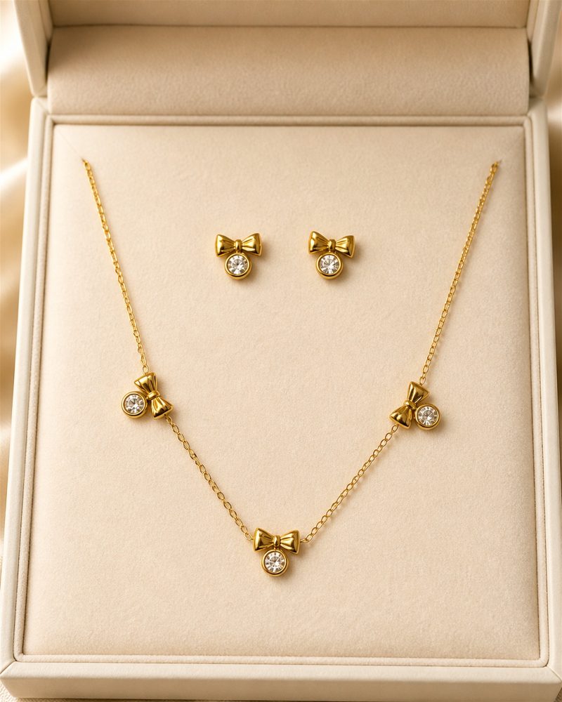 Golden Bow Crystal Necklace Set
