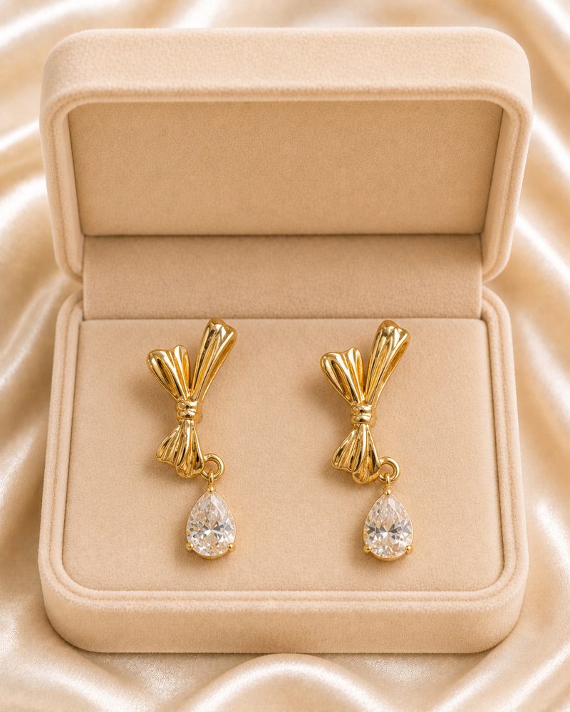 Golden Bow Pear-Cut Crystal Drop Earrings