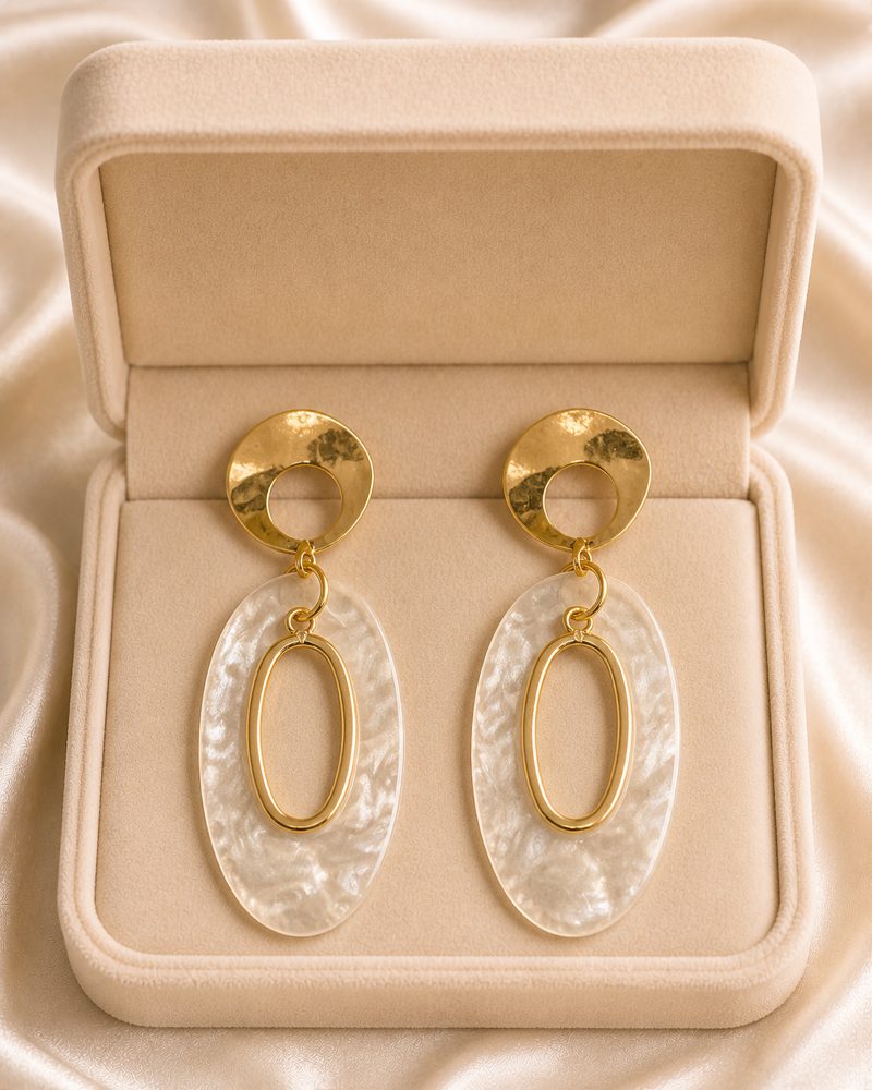 Golden Pearl Clear Oval Statement Earrings