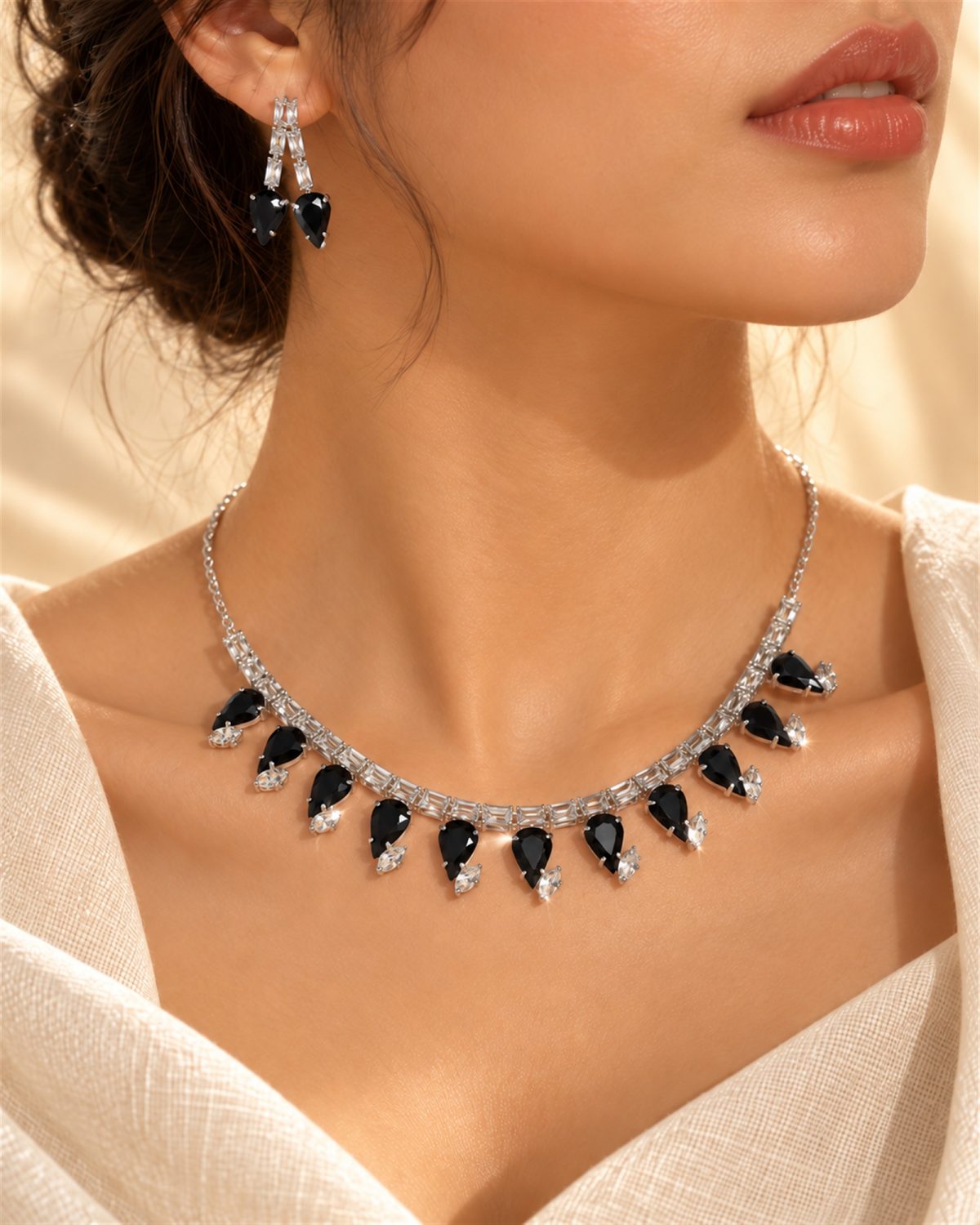 Black Teardrop Crystal Necklace and Earrings Set