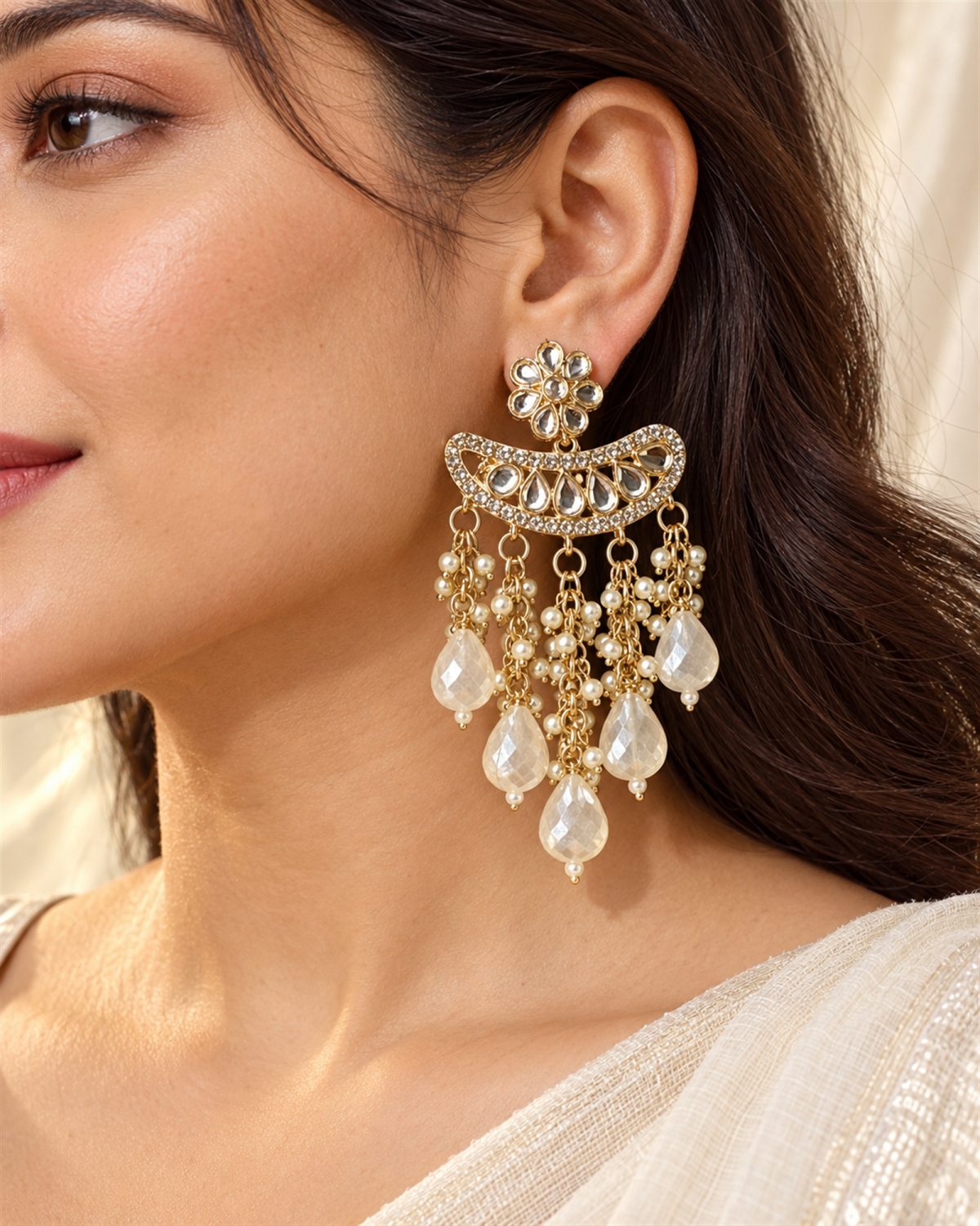Ivory Crystal Crescent Tassel Earrings