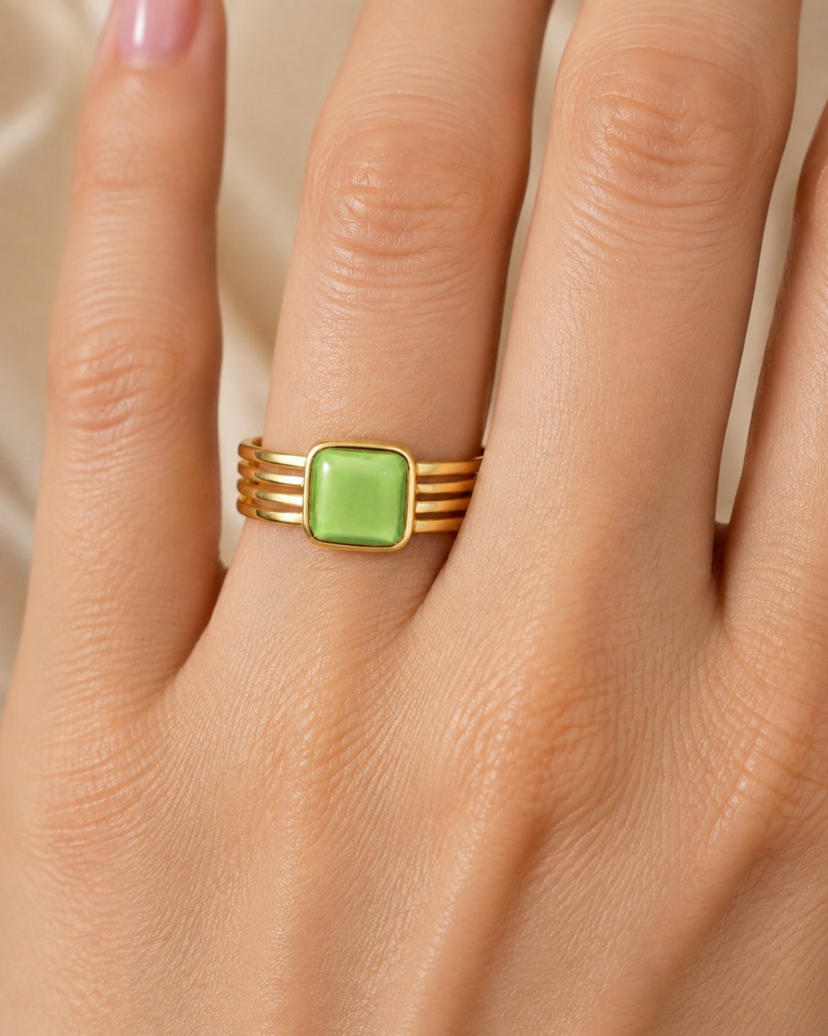 Square Green Stone Adjustable Ring