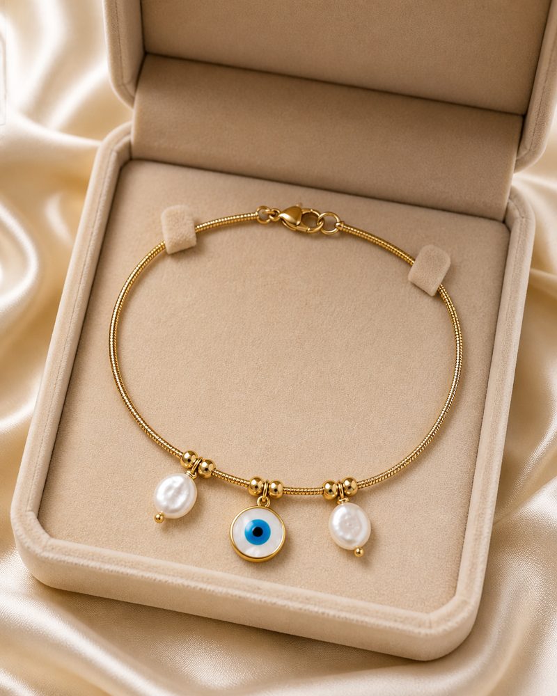 Azure Evil Eye Pearl Charm Bracelet