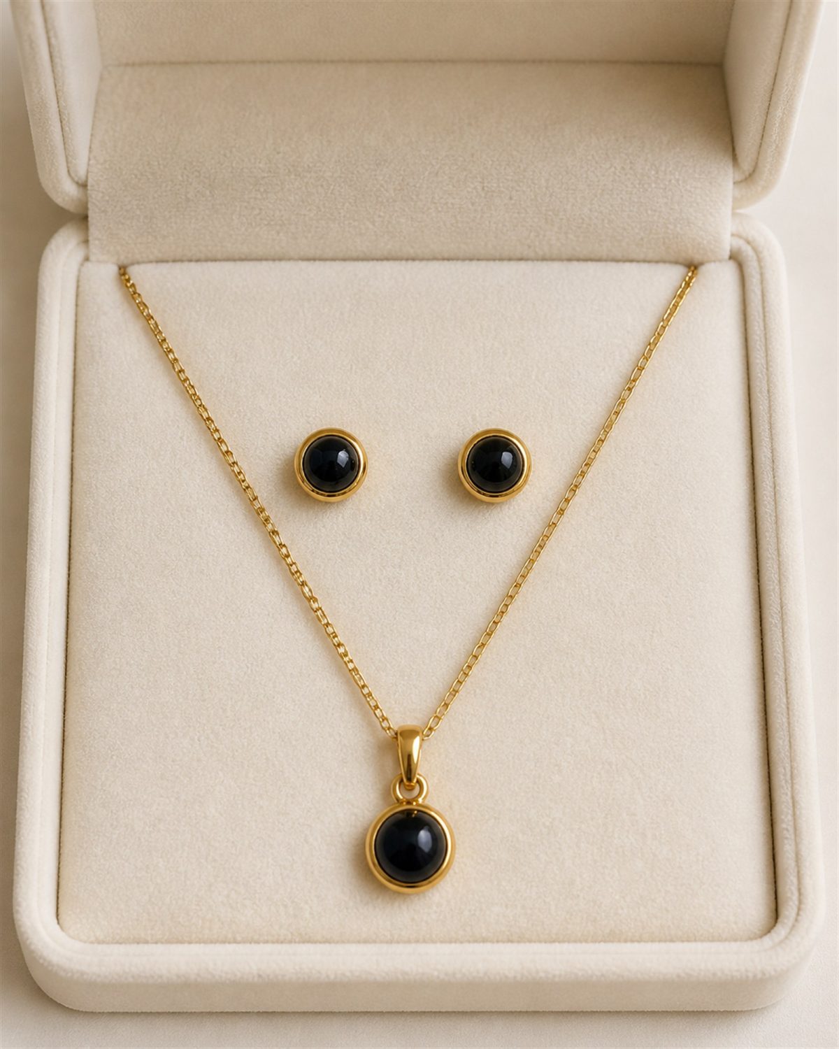 Midnight Black Cabochon Gold Necklace & Stud Earrings Set