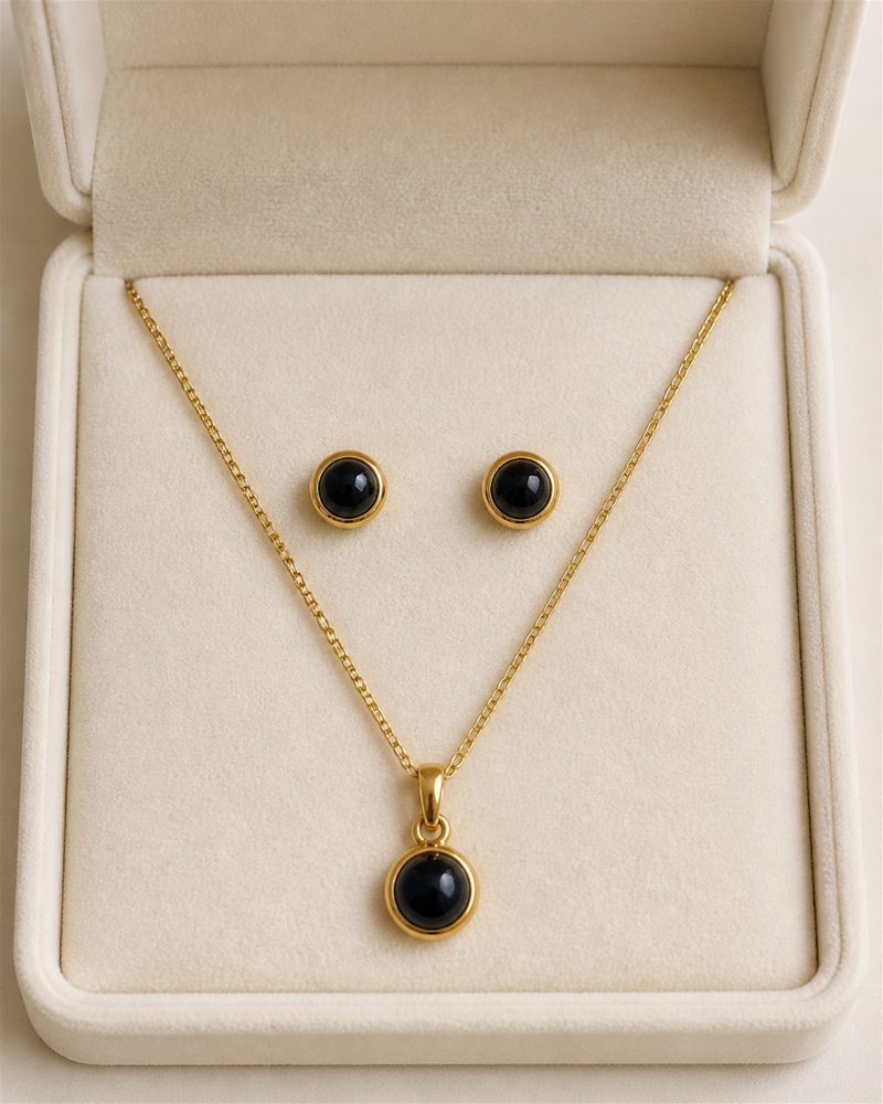 Midnight Black Cabochon Gold Necklace & Stud Earrings Set