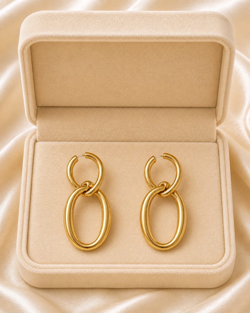 Linked Oval Gold Hoop Drop Earrings