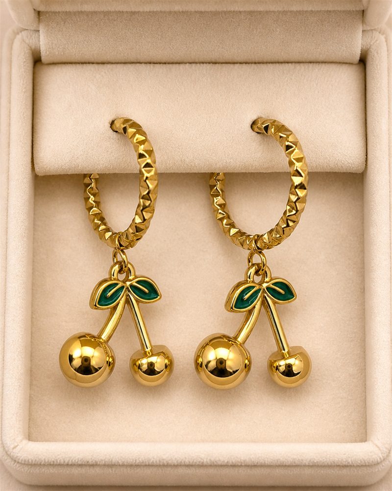 Emerald Leaf Golden Cherry Hoop Earrings
