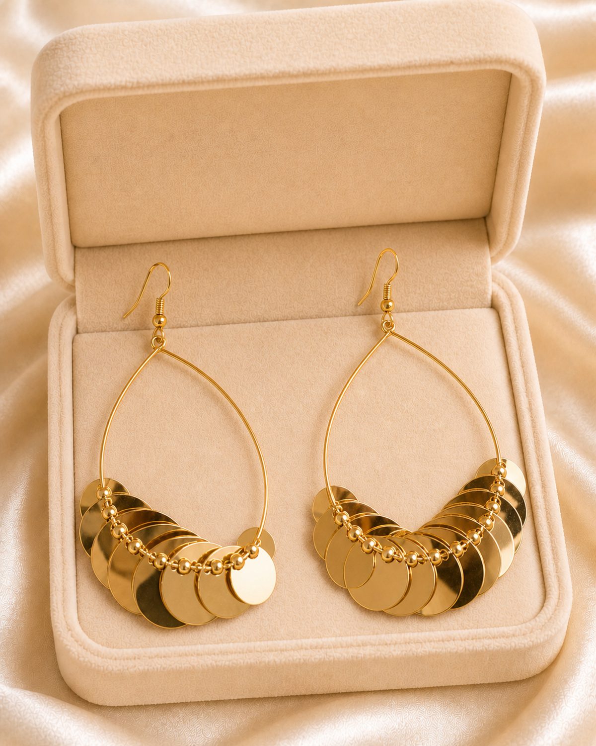 Gold Disc Fringe Teardrop Earrings