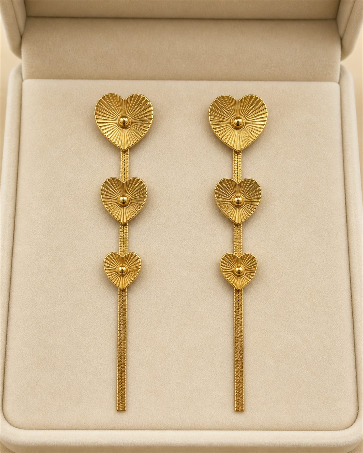 Triple Sunburst Heart Tassel Earrings