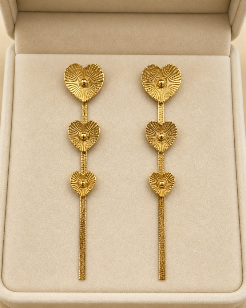 Triple Sunburst Heart Tassel Earrings