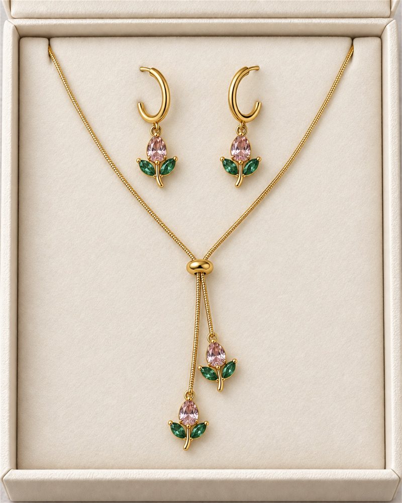 Blush Tulip Lariat Necklace & Hoop Earrings Set