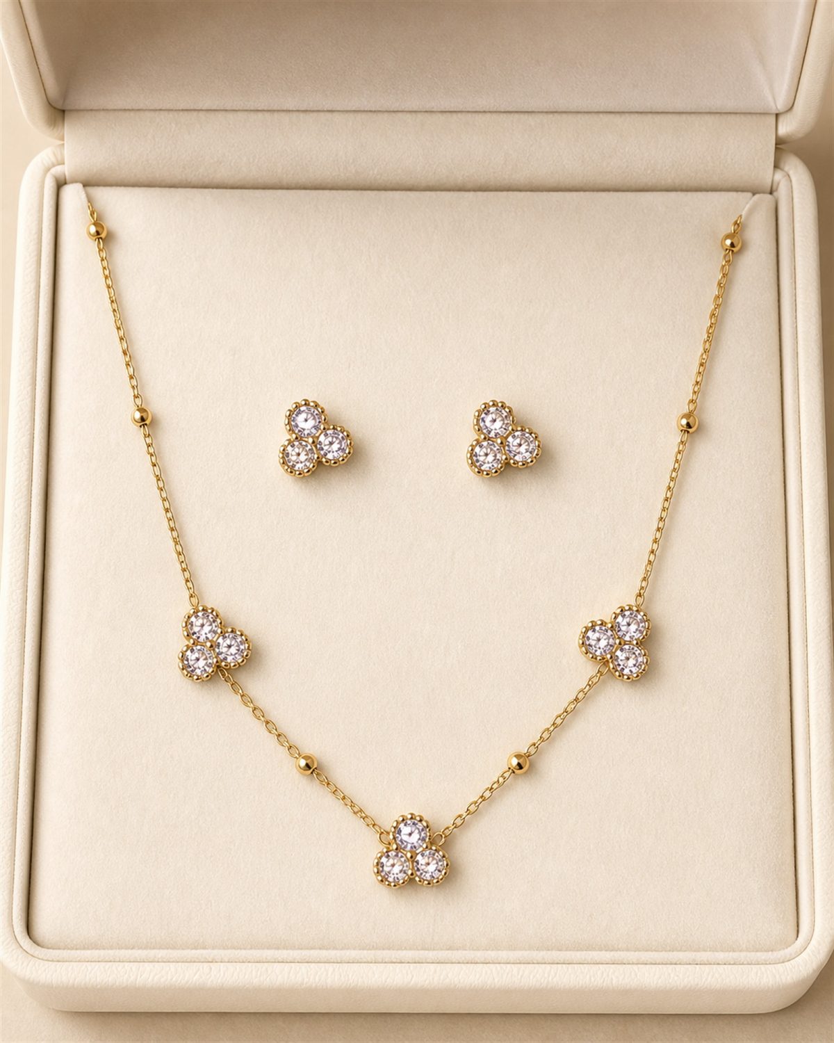 Golden Three-Crystal Clover Necklace Set