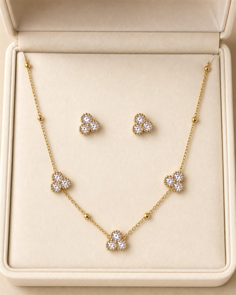 Golden Three-Crystal Clover Necklace Set