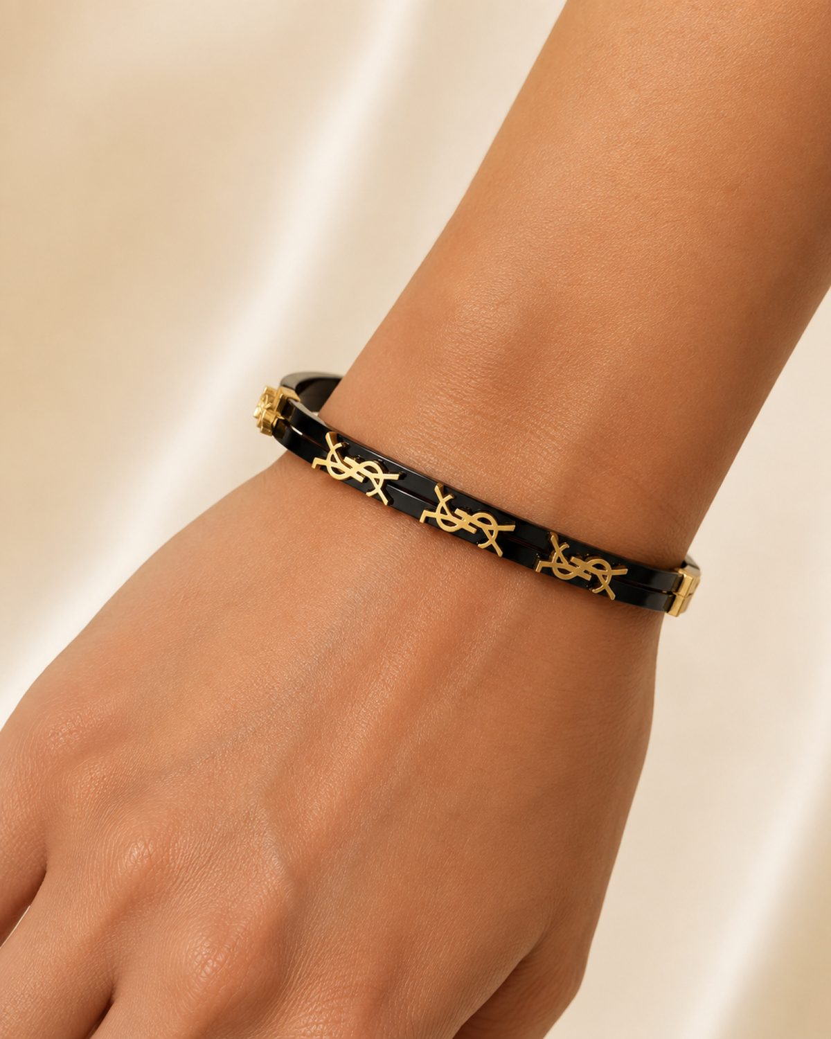 Black & Gold Monogram Double-Rail Bangle Bracelet
