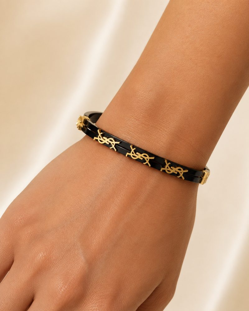 Black & Gold Monogram Double-Rail Bangle Bracelet