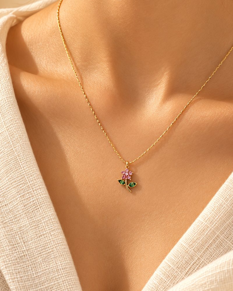 Pink Flower Gold-Tone Pendant Necklace