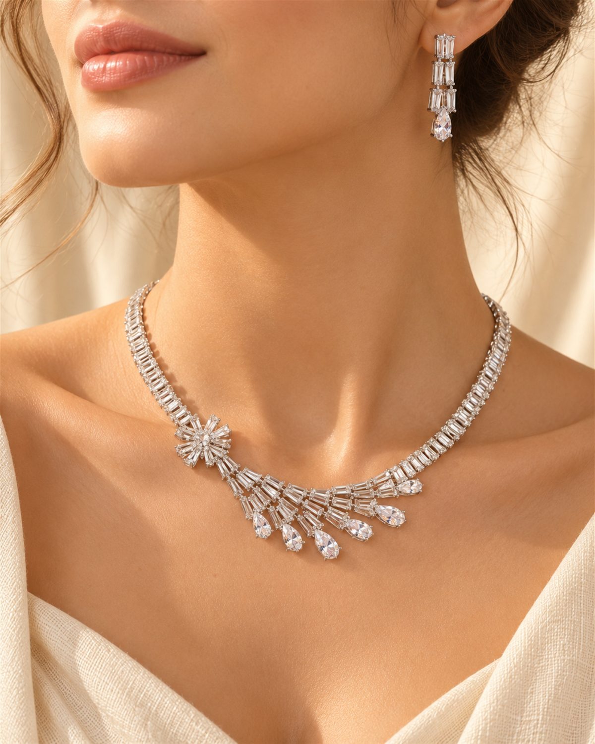Clear Crystal Spray Necklace and Earrings Set