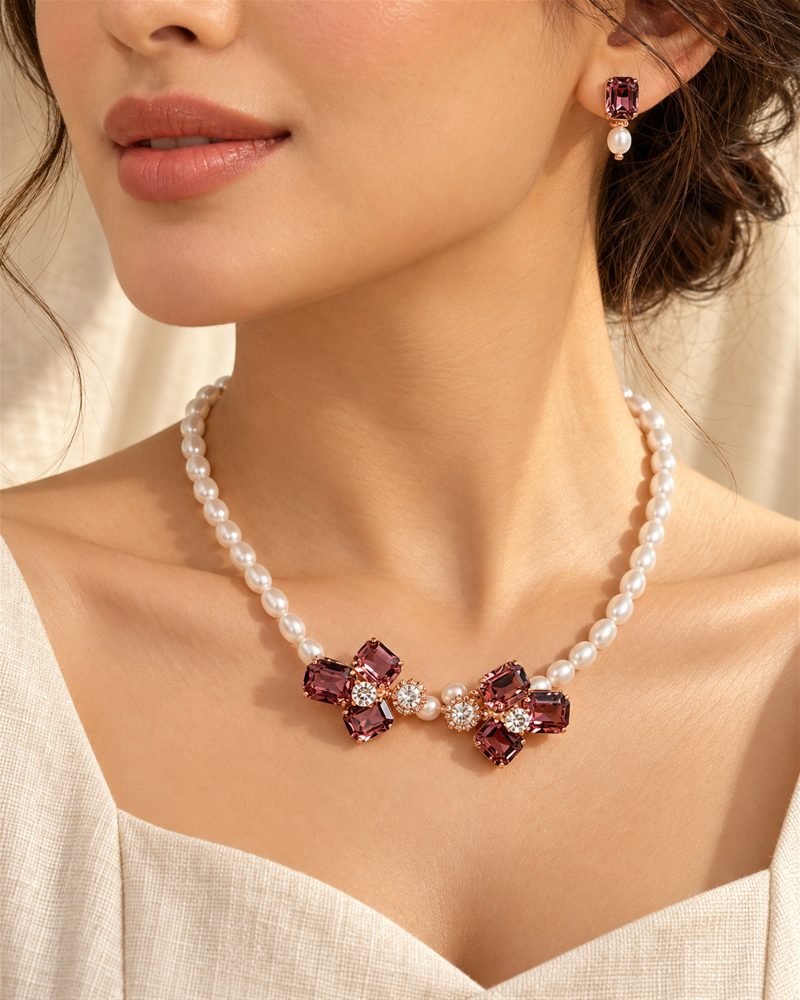 Mauve Crystal Pearl-Look Necklace and Earrings Set