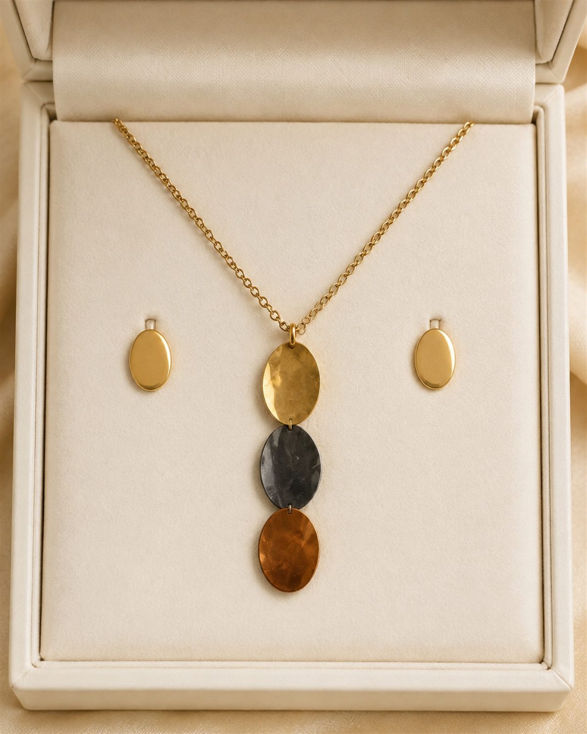 Tri-Tone Oval Disc Necklace & Stud Earrings Set