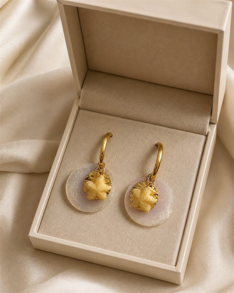 Gold Starfish Shell Hoop Earrings