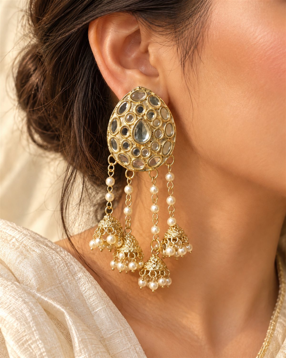 Teardrop Mirror Jhumka Tassel Earrings