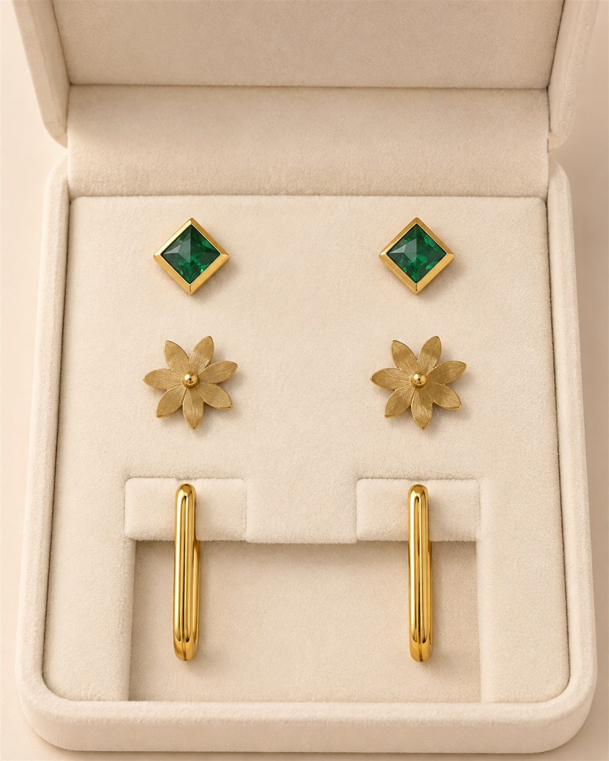 Emerald Square, Floral Stud & Rectangular Hoop Earrings Set