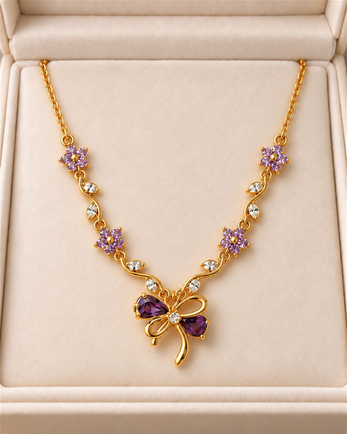 Lavender Floral Crystal Bow Necklace