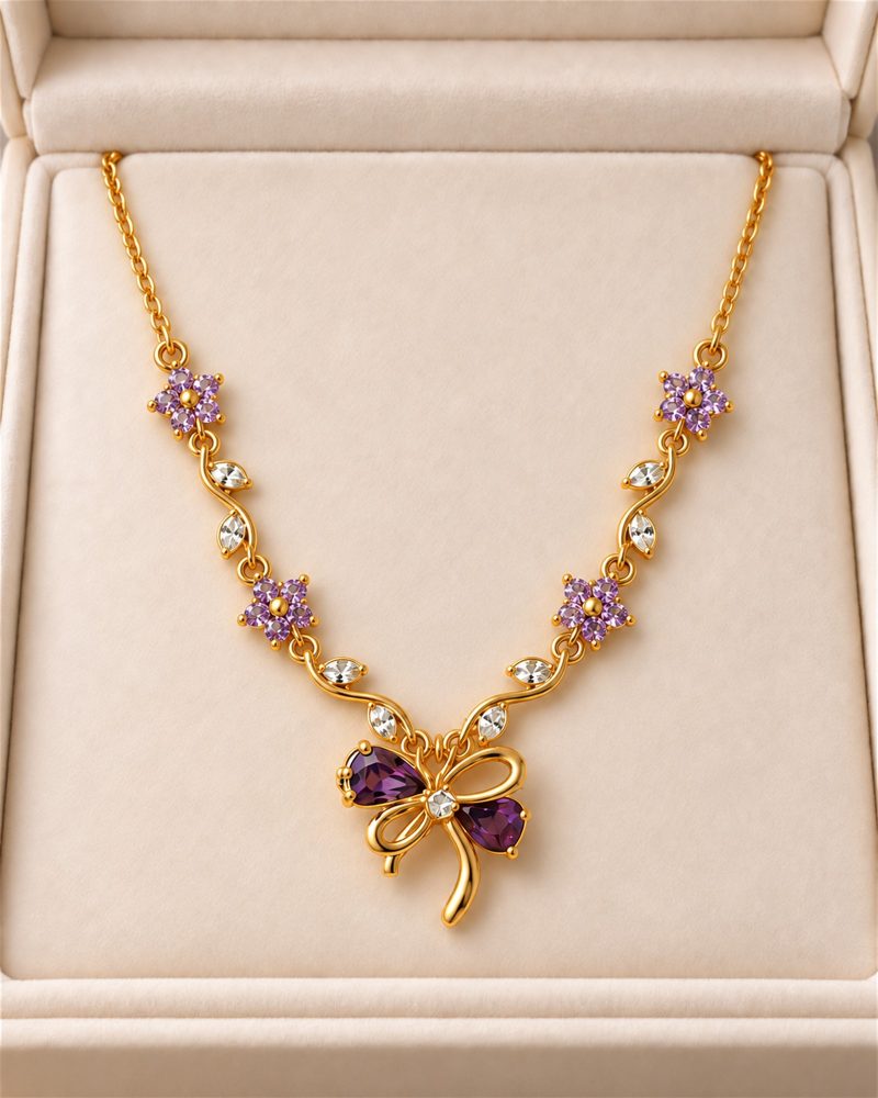 Lavender Floral Crystal Bow Necklace