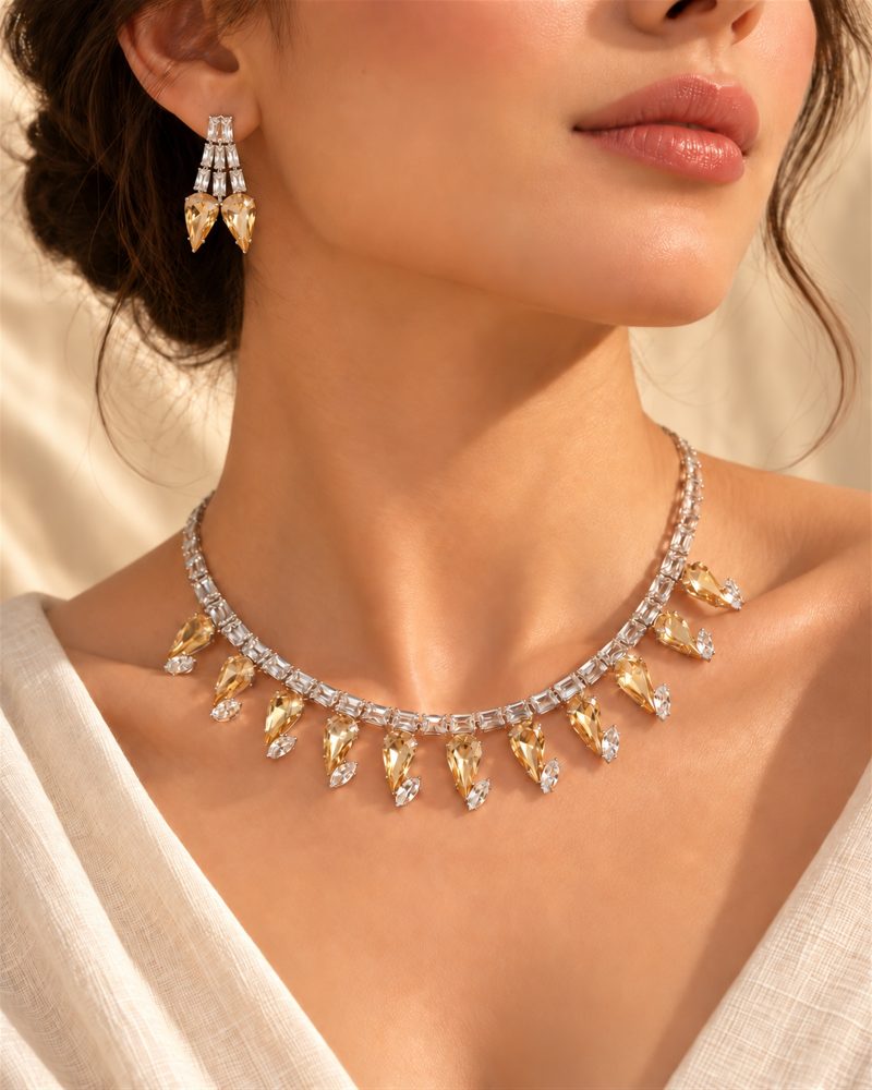 Champagne Teardrop Crystal Necklace and Earrings Set