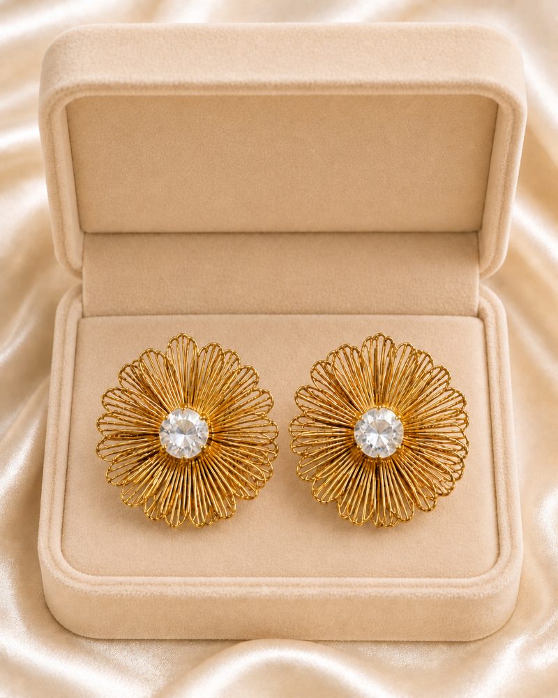 Golden Wire Bloom Crystal Stud Earrings