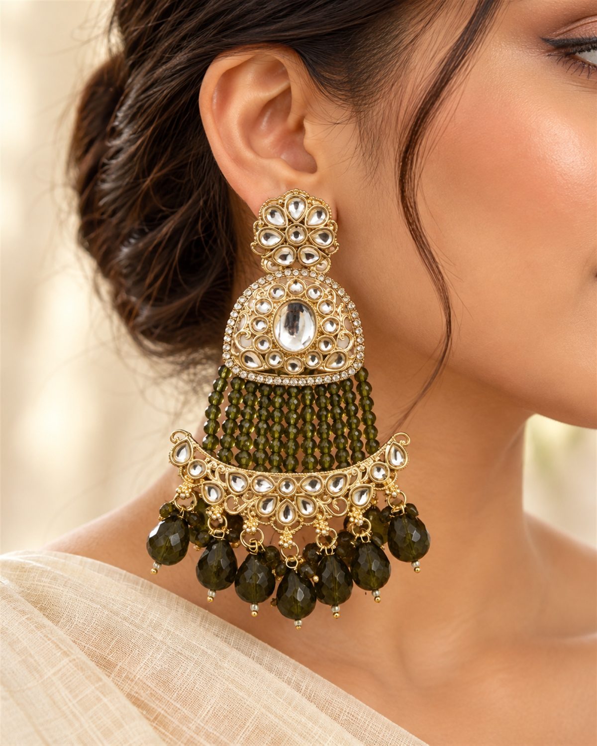 Olive Beaded Chandelier Earrings