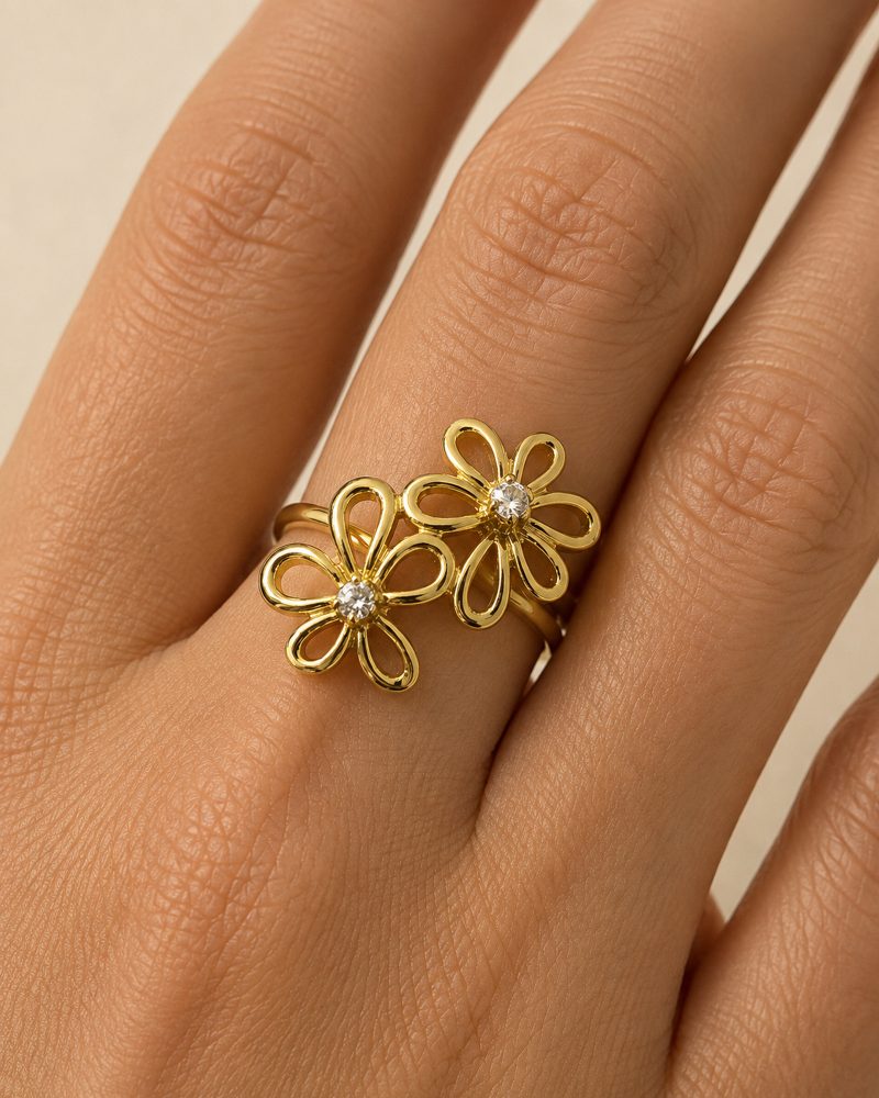 Double Flower Crystal Adjustable Ring