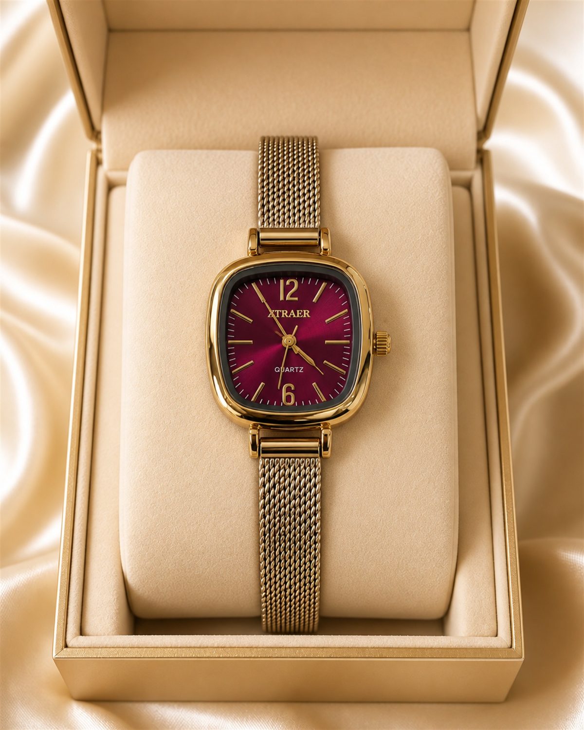 Burgundy Sunray Dial Gold Mesh Strap Watch