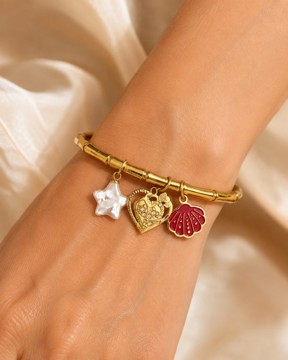 Golden Star, Heart & Shell Charm Bamboo Bracelet