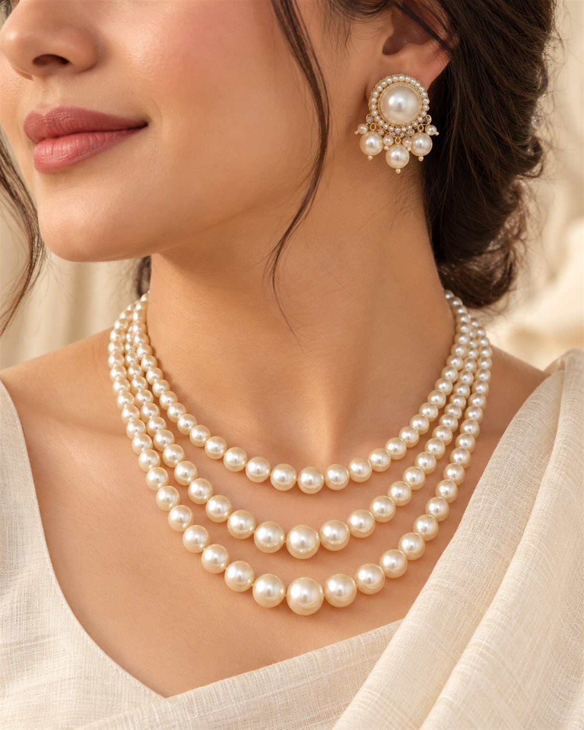 Triple-Strand Pearl-Look Necklace and Earrings Set
