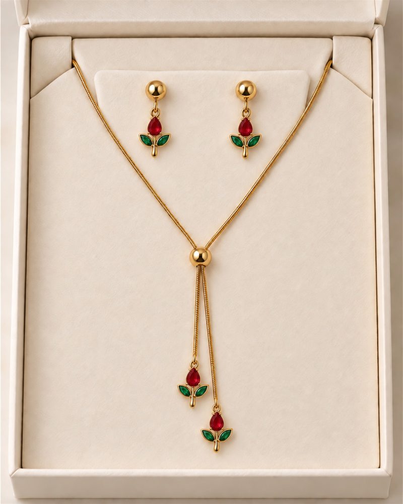 Red Teardrop Tulip Lariat Necklace & Earrings Set