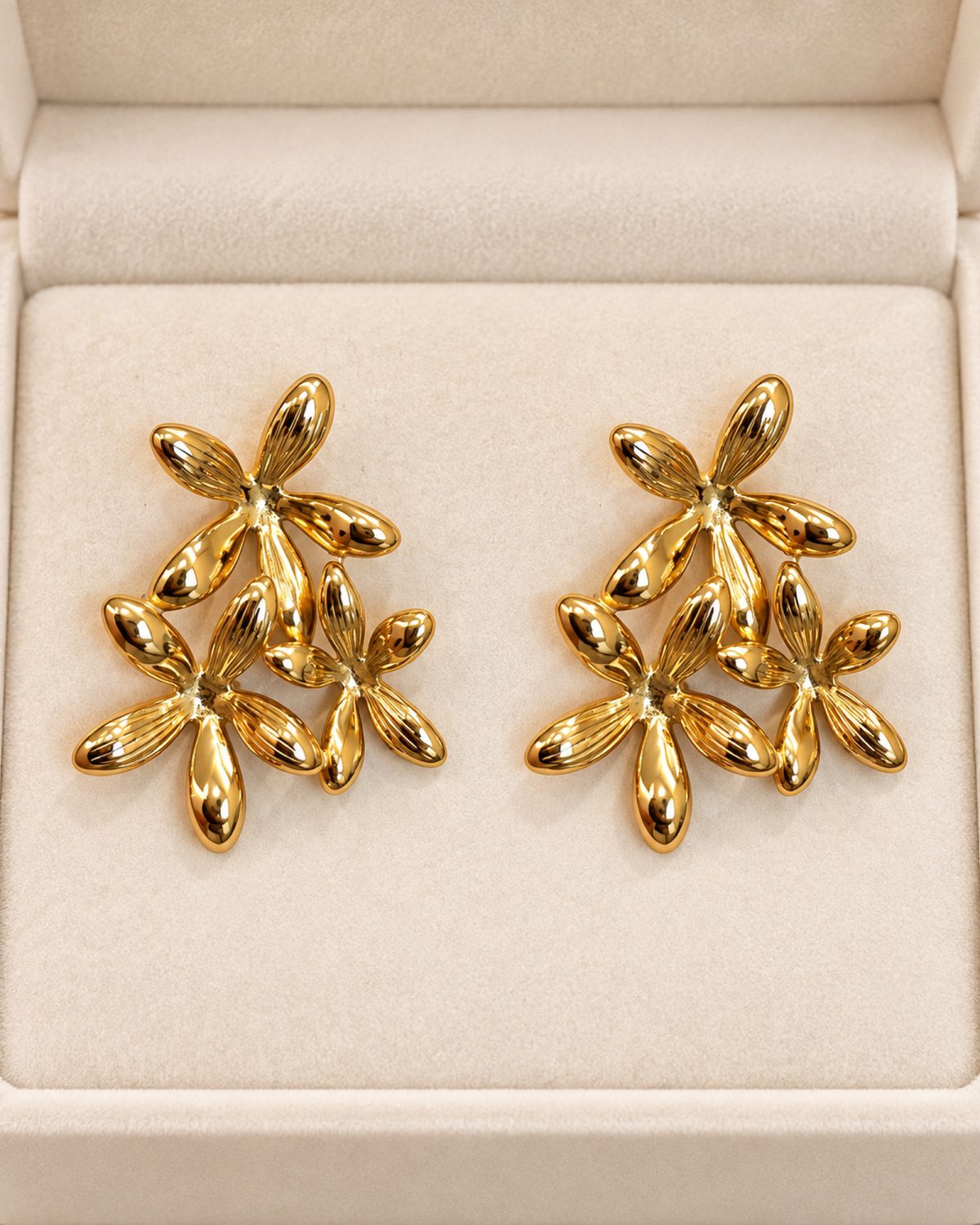 Golden Triple Bloom Cluster Earrings